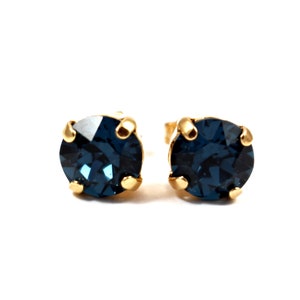 Dark Blue Swarovski Crystal Stud Earrings - 8mm Stud Crystal Earrings - Montana Swarovski Earrings