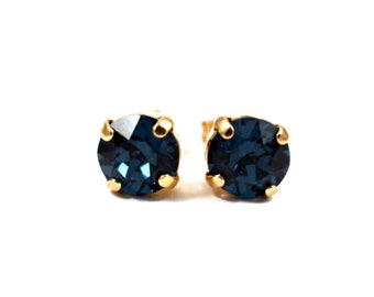 Dark Blue Swarovski Crystal Stud Earrings - 8mm Stud Crystal Earrings - Montana Swarovski Earrings