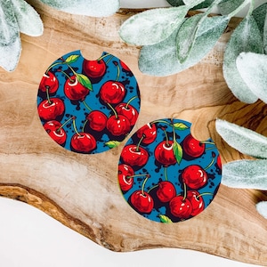 Cherries Car Coaster Set of 2 - Fruit Car Coasters - Cherry Car Coasters - Sandstone Car Coasters - Quirky Car Coasters