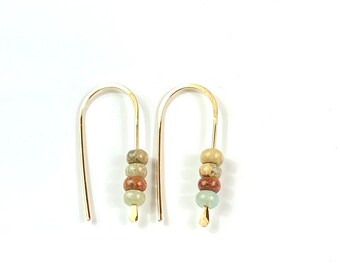 Gold Opal Tiny Hoop Earrings - Sterling Silver Tiny Earrings - Small Hoops - African Opal Dangle Earrings -Tiny Beaded Earrings