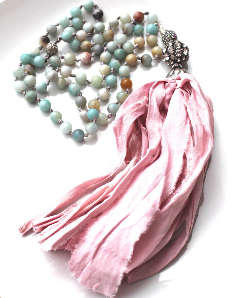 Hand Knotted Jewelry Boho Jewelry Amazonite Necklace Amazonite Hand Knotted Necklace with Pink Tassel Pink Boho Necklace