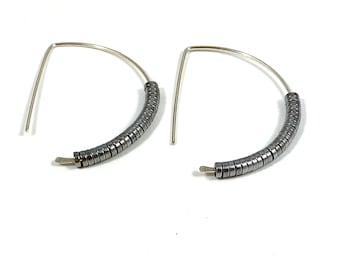 SterlIng Silver Hoops, Hematite Hoops, Hematite Earrings,Hammered Hoop Earrings, Gift For Her, Silver Dangle Earrings