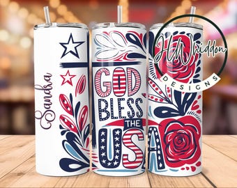 God Bless the USA Tumbler – 20 oz Insulated Cup with Straw – Patriotic Christian Gift – Red White and Blue Travel Mug – USA Tumbler