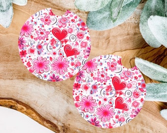 Hearts Car Coaster Set Of 2 - Groovy Hearts Car Coasters -  Car Accessories - Ceramic Car Coasters - Gift For Mom