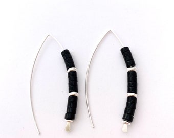 Black Threader Earrings - Hoop Earrings With Beads - Black and Silver Earrings - Minimalist Earrings Sterling Silver