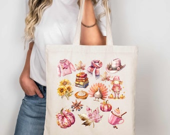 Fall Tote Bag - Autumn Women's Totes - Canvas Shopping Bag -  Everything Fall Tote Bag - Grocery Tote - Gift Tote - Pumpkin Tote - Pink