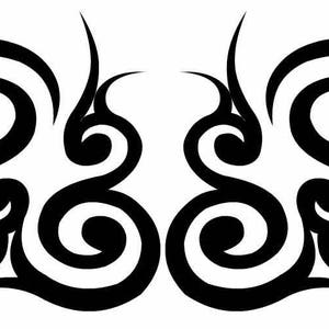 May include: Black and white tribal tattoo design with swirling patterns.