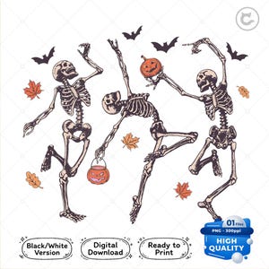 May include: A digital illustration featuring three skeletons in dynamic dancing poses, accented with orange jack-o'-lanterns, black bats, and scattered autumn leaves. The skeletons are depicted in a detailed, sketch-like style with visible bone structures.