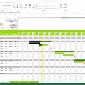 Puede incluir: Una captura de pantalla de una hoja de cálculo de gestión de proyectos en Microsoft Excel. La hoja de cálculo se titula "Musterprojekt Nr.815" y presenta una combinación de colores verde y blanco. Los datos incluyen tareas del proyecto, fechas e indicadores de progreso.