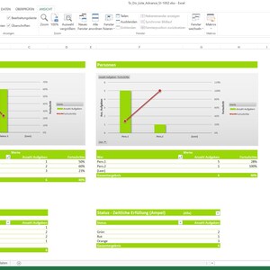 May include: A screenshot of a spreadsheet with charts and tables. The charts use green bars and red lines to display data. The tables show data in green and white rows. The title "Report - Musterprojekt" is visible.