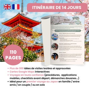 Peut inclure: Un guide de voyage intitulé "ITINÉRAIRE DE 14 JOURS" avec le mot "OSAKA" sur la page ouverte. Le guide présente une pagode rouge et des fleurs de cerisier. La couverture montre les drapeaux du Royaume-Uni et de la France. Le guide compte 110 pages.