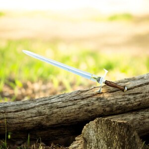 May include: A silver sword with a long, straight blade and a brown wooden handle. The sword rests on a weathered log, with a blurred green background. The hilt features a gold-colored design.