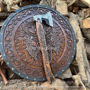 Handmade Viking Fenrir Shield & Axe Set - Carved Wolf Design Round Shield | Norse Wall Decor | Cosplay, Gift for Him