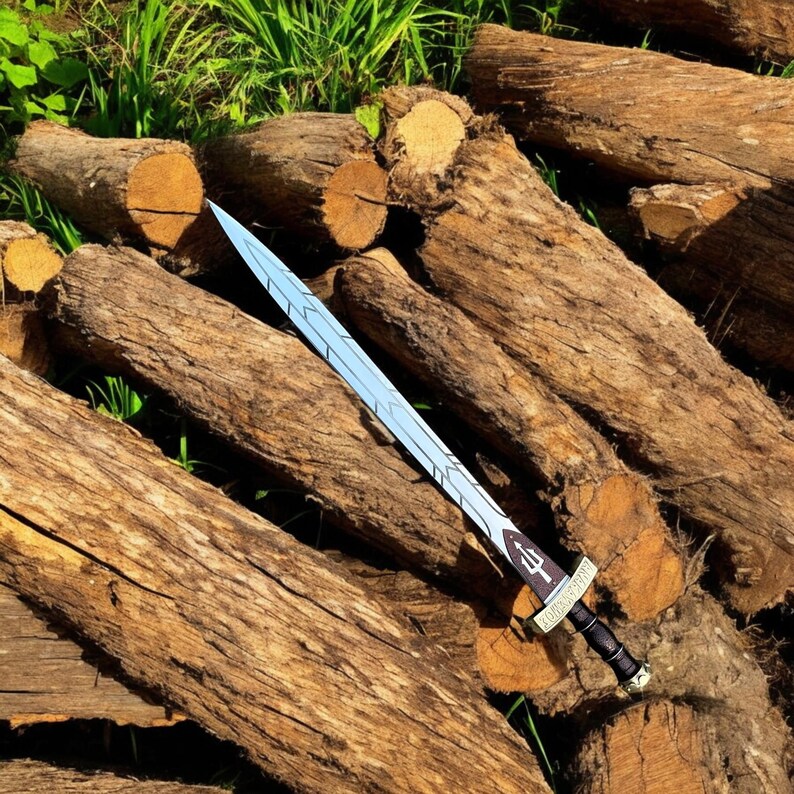 May include: A silver and blue sword with a black handle rests on a pile of wooden logs. The sword features a trident symbol on the hilt and a decorative design on the blade. The logs are brown and textured, with green grass visible in the background.