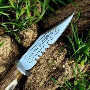 May include: A handmade knife with a serrated blade and a pointed tip. The blade has etched text and a silver bolster. The handle is made of brown and cream-colored antler. The knife is set against a backdrop of grass and wood.