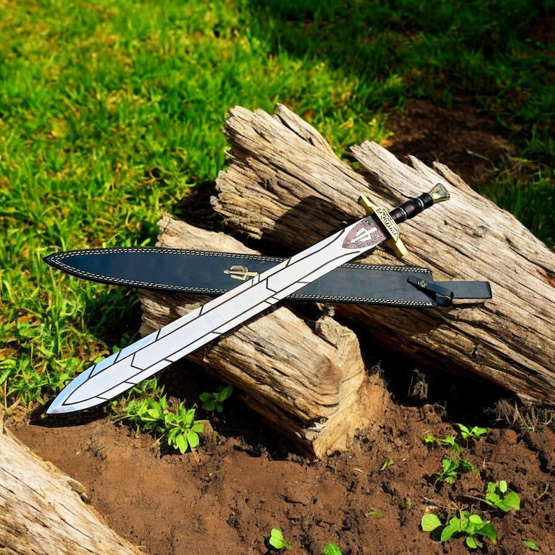 May include: A silver and black sword with a decorative handle and a black leather sheath. The sword is resting on a weathered log, with green grass and dirt in the background. The sword has a detailed design on the blade.