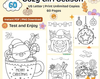Fall Halloween Christmas Coloring Pages | Cozy Designs (Printable PDF)