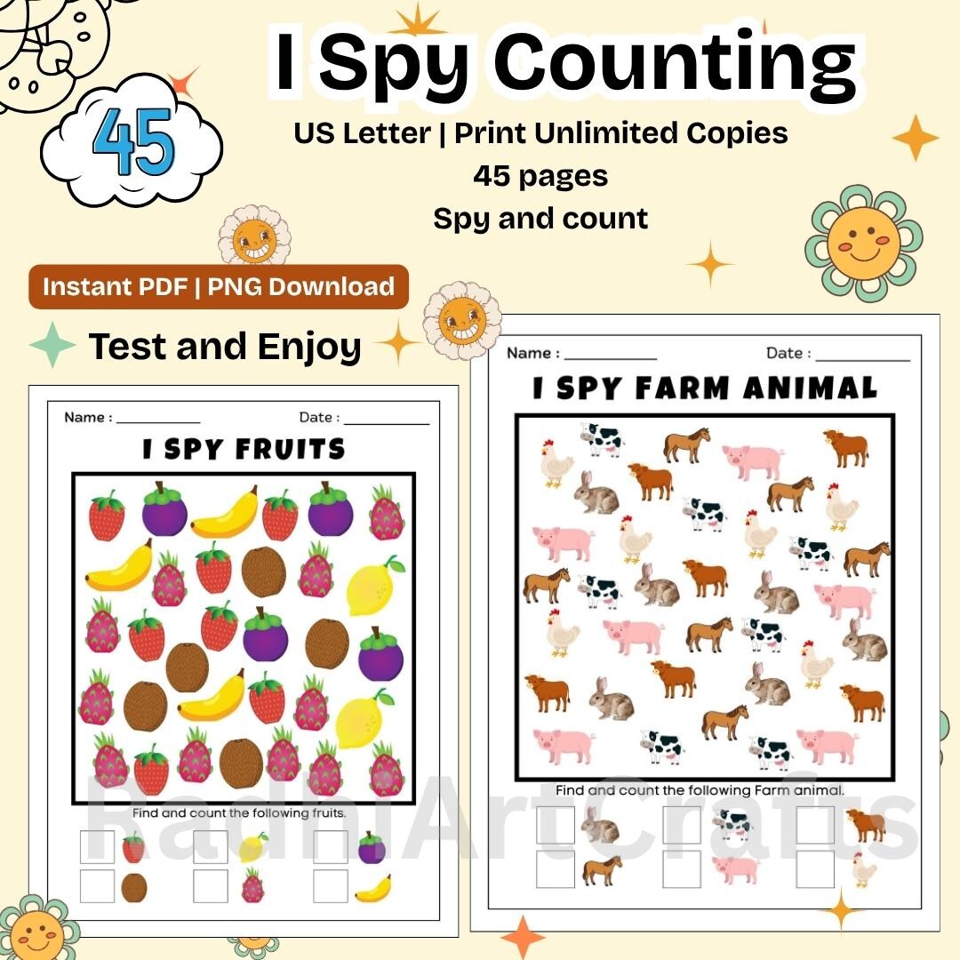 I Spy Counting Worksheets | Preschool Toddler Activity | Seek Find Game ...