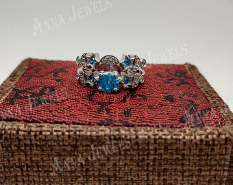 Conjunto de anillo de compromiso de plata de ley con piedra azul, joyería nupcial llamativa.