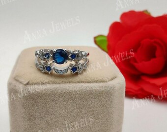 Sterling Silber Blau CZ Brautring Set, Vintage Ehering, Saphir Look Verlobungsring