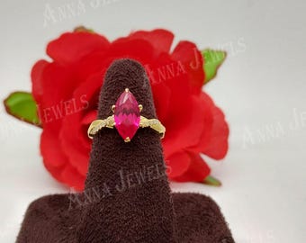 Marquise Pink CZ Blatt Ring, vergoldetes 925 Sterling Silber, minimalistischer Versprechensring