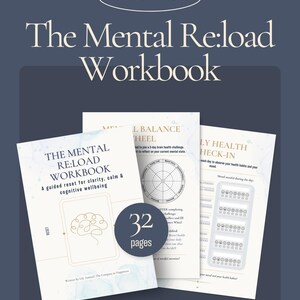 May include: A workbook titled "The Mental Re:load Workbook" with 32 pages, designed for clarity, calm, and cognitive wellbeing. The cover features a brain graphic and the text "PDF DOWNLOAD". The workbook includes sections for mental balance and daily health check-ins.
