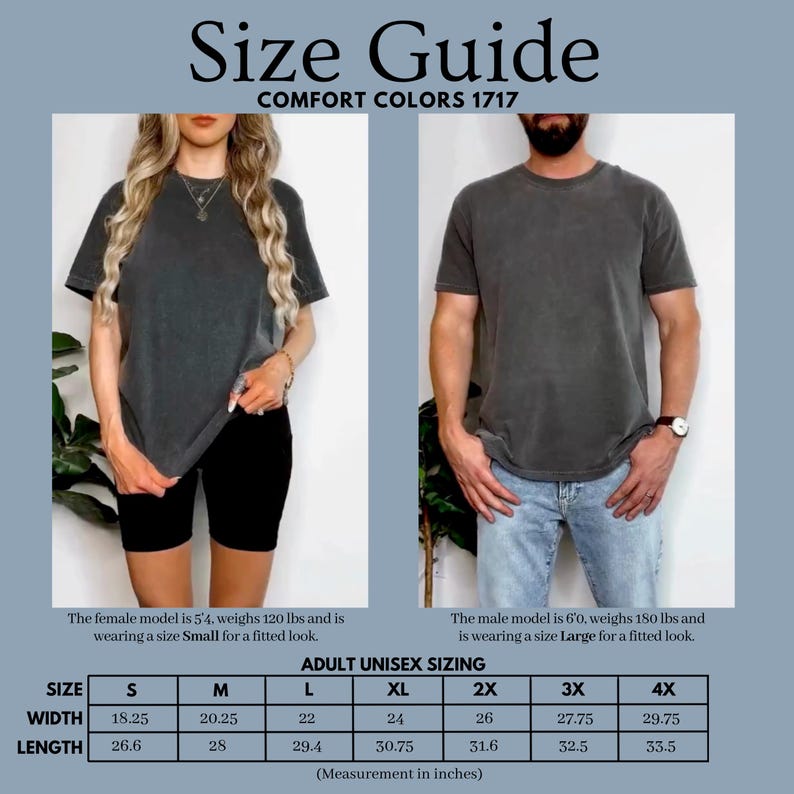 Puede incluir: Gu&iacute;a de tallas para camisetas unisex Comfort Colors 1717. La imagen muestra un modelo femenino con talla Small y un modelo masculino con talla Large. La tabla de tallas incluye medidas en pulgadas (convertidas a cm) de ancho y largo, de S a 4X.