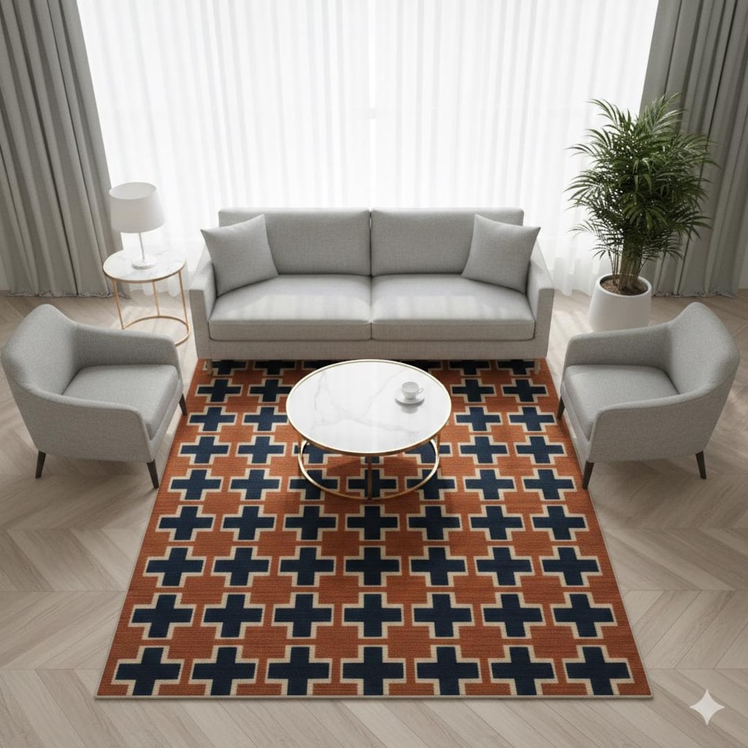 Modern Hand Tufted Wool Rug - Terracotta and Navy Blue Geometric Plus ...
