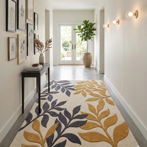 Modern Botanical Leaf Wool Rug, Beige Black Mustard Area Carpet, Minimalist Home Design.