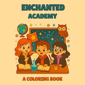 Könnte beinhalten: Eine farbenfrohe Illustration für ein Malbuch mit dem Titel "Enchanted Academy". Das Bild zeigt drei Kinder mit Zauberstäben, Büchern und einer Eule. Der Hintergrund umfasst einen Globus, Sterne und eine Tafel. Der Text "A Coloring Book" steht unten.