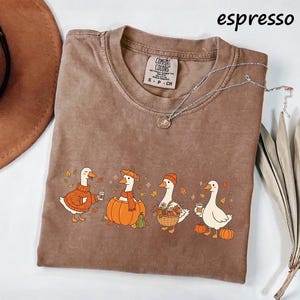 May include: An espresso-colored t-shirt featuring a graphic of four white geese in autumn attire. One goose wears a sweater, one sits in a pumpkin, one carries a basket of leaves, and one stands near pumpkins. The shirt has a crew neck and a tag.