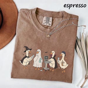 May include: An espresso-colored t-shirt featuring a graphic of four geese dressed in costumes. One goose wears a witch hat and cape, one is a ghost, one is a vampire, and one wears a bandana while holding a coffee cup near an ultrasound machine.