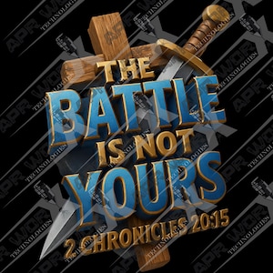 Könnte beinhalten: Ein Grafikdesign mit dem Text "THE BATTLE IS NOT YOURS" in Blau und Gold, mit einem Schwert und einem Holzkreuz. Der Text "2 CHRONICLES 20:15" ist ebenfalls enthalten.