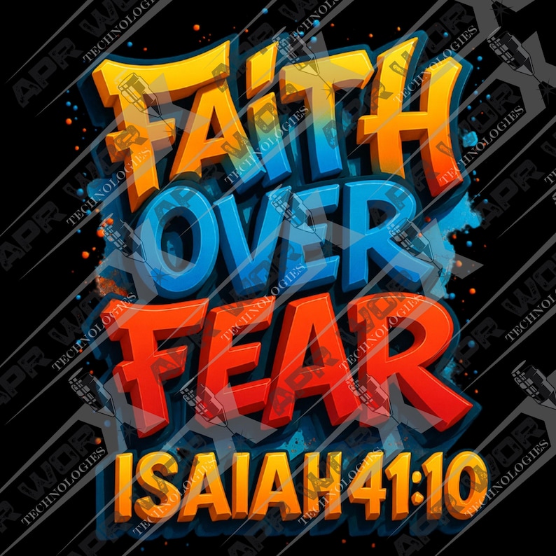Peut inclure: Conception graphique avec les mots "FAITH OVER FEAR" en jaune, orange et bleu, avec le texte "ISAIAH 41:10" en orange. Le design a un effet 3D sur fond noir.