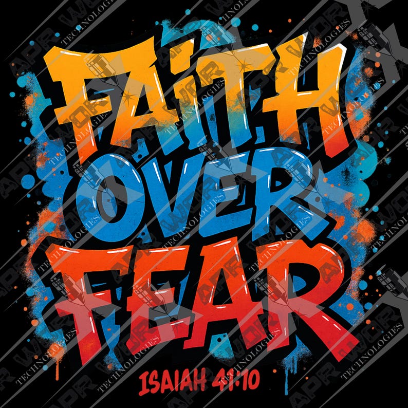 Peut inclure: Conception graphique avec les mots "FAITH OVER FEAR" en lettres audacieuses de style graffiti. Le texte est en orange, bleu et rouge, sur fond noir, avec le verset biblique "ISAIAH 41:10" en bas.