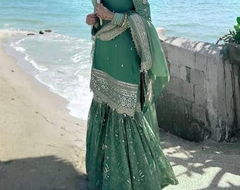 Pakistani Designer Chinnon silk fully embroidered Sequence Work Readymade Salwar Kameez Stitched Wedding Wear Suits