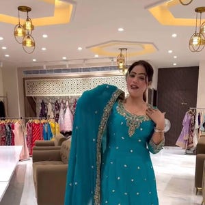 Embroidered Crepe Silk Sharara Plazo Set with Dupatta – Fully Stitched Designer Indian Outfit for Women | Moti Work & Fancy Detailing