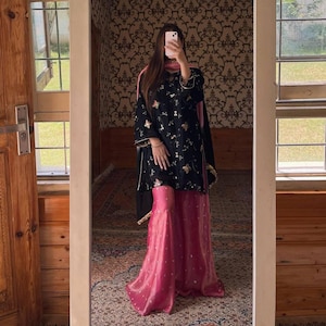Designer Party Wear Garara Palazzo Set with Embroidered Crushi Silk Top and Printed Dupatta – Fully Stitched Traditional Outfit for Women