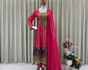 Designer Chinon Salwar Suit Set, Pink Mirror Work Kurti Pant Dupatta, Festive Party Outfit