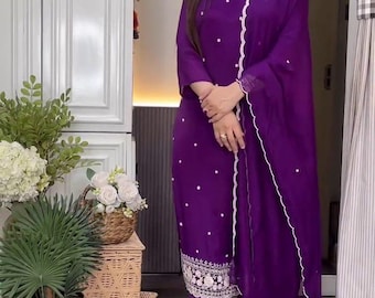 Purple Embroidered Salwar Kameez Set | Pure Chinon Kurta, Pants, Dupatta