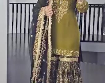 Pakistani Designer Chinnon silk fully embroidered Sequence Work Readymade Salwar Kameez Stitched Wedding Wear Suits