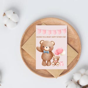Carte de fête des pères de petite fille, papa et bébé ours, neutre, premier cadeau à imprimer pour la fête des pères de sa fille