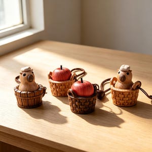 May include: Four small wooden ornaments featuring two carved capybaras with white head accessories sitting in dark brown wooden tubs and two red apples with black stems resting in woven brown baskets, each attached to a thin brown cord.