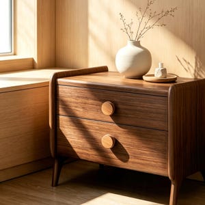 Könnte beinhalten: Ein Nachttisch aus dunklem Holz mit zwei Schubladen, die jeweils einen runden Holzknopf haben. Das Möbelstück hat abgerundete Kanten und steht auf vier Beinen. Oben steht eine matte weiße Keramikvase mit Zweigen und ein kleiner Stein.