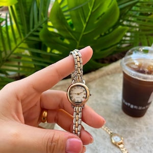 Vintage Style Women's Watch – Small Dial Quartz Wristwatch – Silver Gold Tone Bracelet – Elegant Retro Gift Watch, Bestfriend gift