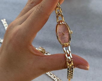 Gold Tone Women's Watch: Small Case, Color Dial, Minimalist Bracelet Watch, Gift for Her