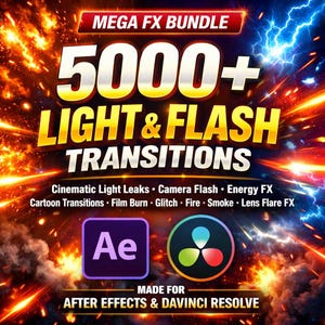 Puede incluir: Gráfico promocional para un "MEGA FX BUNDLE" con más de 5000 transiciones de luz y flash. El diseño incluye texto, efectos de relámpagos y fuego, y logotipos de After Effects y DaVinci Resolve.