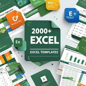 以下が含まれることがあります： さまざまなExcelテンプレートと関連グラフィックの俯瞰図。中央の画像は、白い文字で「2000+ EXCEL EXCEL TEMPLATES」と書かれた濃い緑色のファイルフォルダです。その他のグラフィックには、テキスト付きのオレンジ、青、緑のアイコンが含まれています。