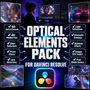 May include: An Optical Elements Pack for DaVinci Resolve featuring 68 optical elements, 4K ProRes files, glass reflections, prism effects, lens distortions, light refractions, cinematic overlays, rainbow effects, an SFX toolkit, and a mobile version.