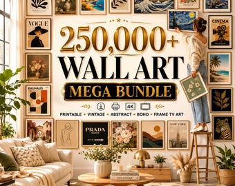 May include: A digital collection of 250,000+ wall art prints featuring diverse styles including vintage, abstract, and botanical designs. The bundle includes printable files for home decor, frame TV art, and various posters in multiple formats.